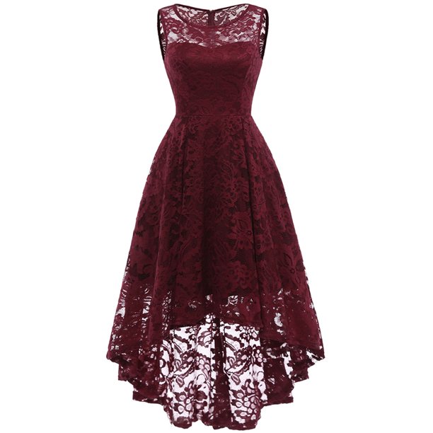 Transparent Scoop Neck High Low Full Lace Wine Red Cocktail Dress For Dancing - Click Image to Close